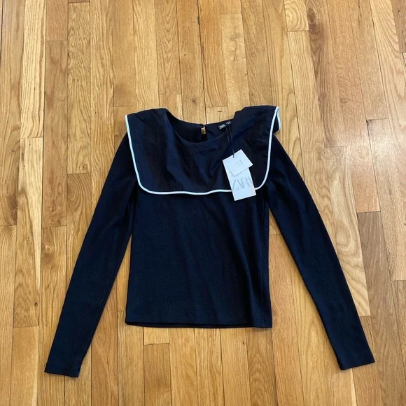 zara black top Ribbed Size Small Collard Long Sleeves Woman. - Picture 5 of 5